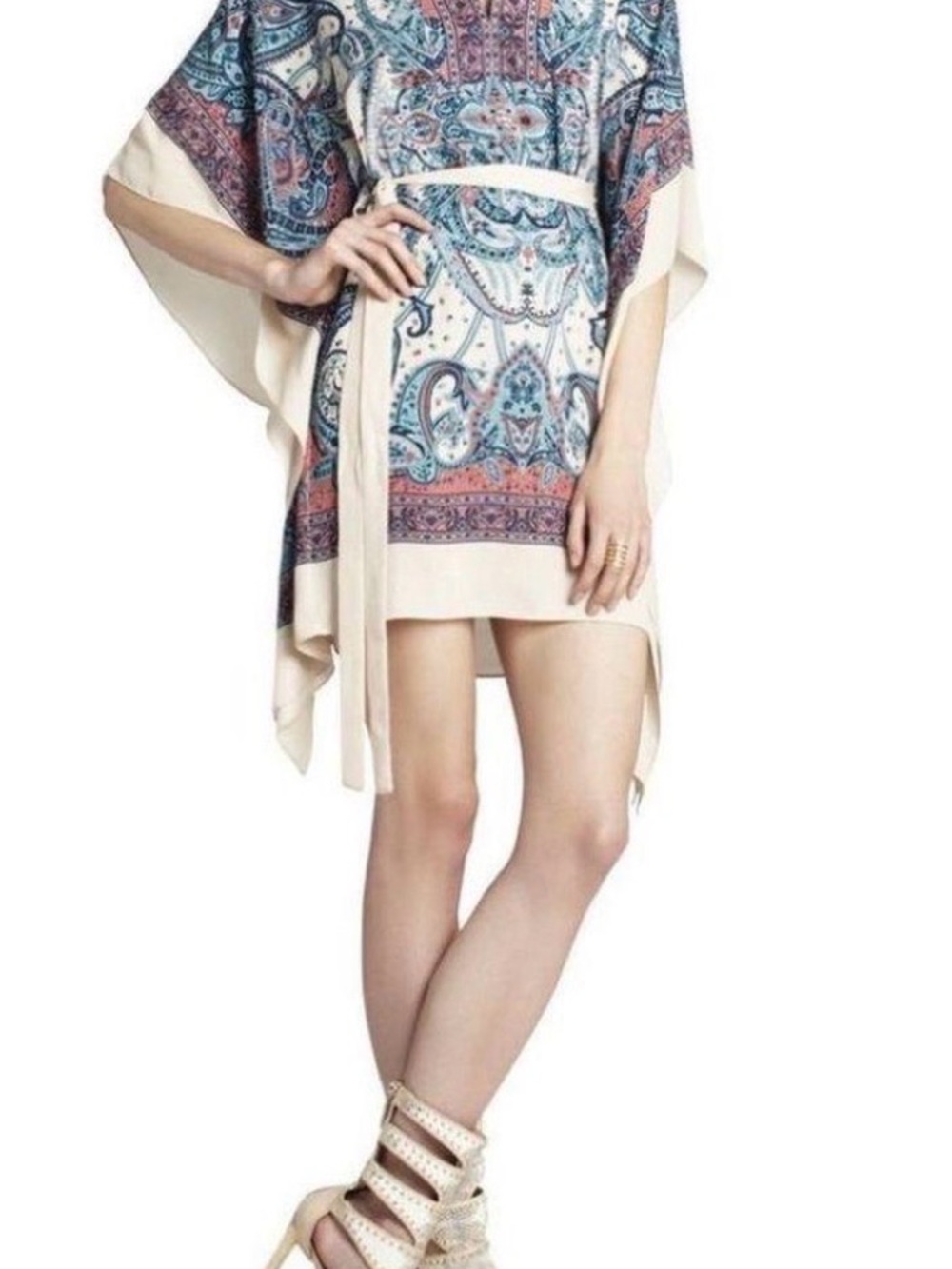 BCBGMaxAzria Paisley Kimono Robe in Cream, Blue and Pink